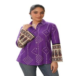 Blusa Morada Ecológica de Rayón Holgada Tallas Grandes Manga Larga con Botones Bordada con Aberturas Cuello en V Casual de Verano - Product Image 1