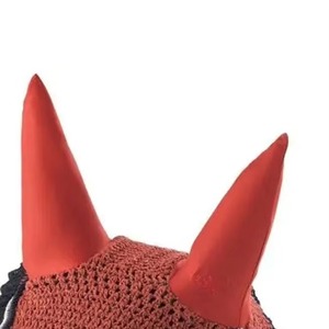 Red Mesh Horse Ear <b>Bonnet</b> with Scallop Trim and Horns for Fly Protection Adjustable Tie Design for Fly Protection Design - Product Image 2