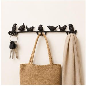 Perchero de pared decorativo vintage de hierro fundido negro antiguo con diseño de pájaros en rama, con 5 ganchos para llaves y perchas para abrigos, ideal para la entrada. - Product Image 6