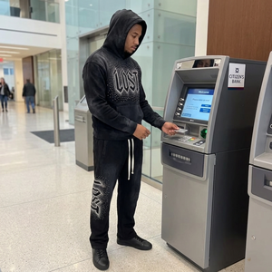 Men Rhinestone Tracksuit Washed Black Heavyweight Cotton Pullover Hoodie and Sweatpants Set Streetwear Crewneck Trim - Product Image 4