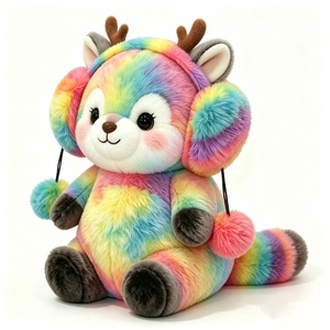 Orejeras de pompón personalizadas con diseño de ciervo de peluche, suaves orejeras de pompón de ciervo de peluche con efecto tie-dye arcoíris, temática de bosque arcoíris - Product Image 1