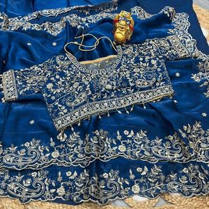 Indian Ethnic Beautiful and Elegant Saree with Embroidery Work for Partywear and <b>Wedding</b> Occasion for Women Fancy Trendy Outfit - Product Image 6