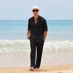 Ensemble chemise et pantalon pour homme en lin respirant, manches longues, style gothique uni, tenue de plage d'été, deux pièces, vente en gros - Product Image 1