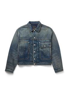 Veste en jean pour homme, finition délavée, col rabattu, coupe classique, longueur normale, fermeture éclair, couleur unie, style décontracté, vêtement d'automne - Product Image 4