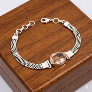 Bracelet à maillons tendance bohème fait main en argent sterling plaqué, avec morganite ovale, ajustable, pour femme, idéal pour les fêtes - Samrat Jewels - Product Image 3