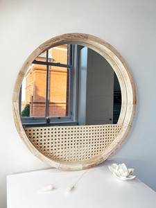 Espejo de pared redondo con marco de madera y tejido de ratán, diseño decorativo bohemio hecho a mano, muy vendido. - Product Image 5