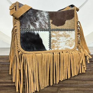Handmade Genuine Suede Leather Boho Hobo Crossbody Bag Hair-On Cowhide Fringe Western Hippie Purse for Women's Designer Handbag - Product Image 4