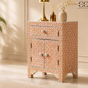 Bone Inlay Solid Wood Nightstand <b>Side</b> <b>Table</b> Accent Cabinet Floral Pattern Modern Design Bedside <b>Storage</b> for Bedroom Entry Hotel - Product Image 3