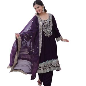Ensemble Anarkali Salwar en tissu velours 9000 à manches longues, coupe droite, avec bordure, pour mariage, fête et tenue spéciale de cérémonie - En promotion - Product Image 1