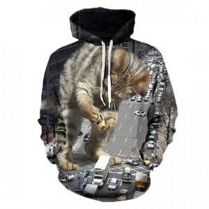 Sudadera con Capucha para Hombre, Diseño Personalizado con Serigrafía de Escena Urbana con Gatos Gigantes, Corte Regular, Estilo Casual Urbano, Transpirable, con Bolsillo, 100% - Product Image 1