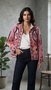 Elegant <b>Velvet</b> Embroidered Cotton Knitted Bomber <b>Jacket</b> <b>Women</b> Stand Collar Floral Handmade Ethnic Boho Autumn Quick Dry Full - Product Image 4