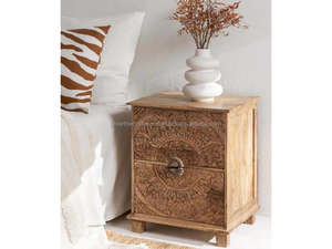 Mesa de Noche Moderna de Madera de Mango Tallada a Mano con 2 Cajones |   Mesa de Noche de Madera Maciza |   Mesa Auxiliar Decorativa para Dormitorio - Product Image 2