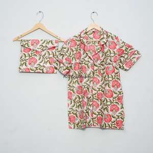 Ensemble de pyjama court pour femme en coton 100% pur, respirant, doux, imprimé fleuri, col en V, fermeture à cordon, été - Product Image 5