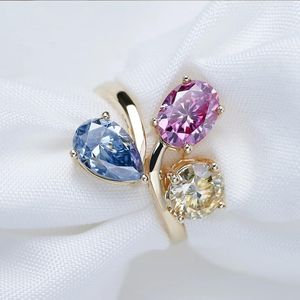 Bague à trois pierres en moissanite rose, bleue et jaune, bande ouverte pour femme, bijoux originaux en argent 925, bijoux uniques pour cadeau de mariage - Product Image 2