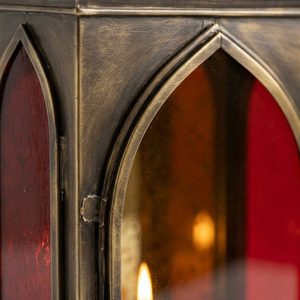 Antique Brass Tabletop Lantern 26 cm Handmade Glass & Brass Candle Holder with Double Flame <b>Mandir</b> Arch Home Decorative Item - Product Image 4