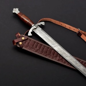 Couteau épée en acier carbone Damas forgé à la main, manche en bois, étui en cuir, couverts décoratifs pour exposition et collection, OEM - Product Image 3
