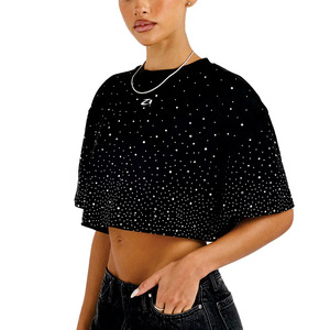 Camisa Corta de Mujer Personalizada con Pedrería de Lujo, Estilo Holgado, Moda Urbana, Manga Corta - Product Image 3