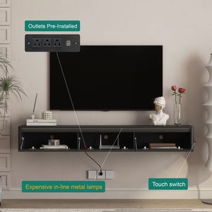 Mobile TV Sospeso a Parete con Luci LED e Presa di Corrente per TV Nera in Soggiorno - Product Image 5