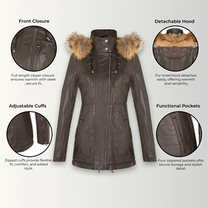 Chaqueta de cuero acolchada para mujer, abrigo con capucha de cuero genuino para invierno - Product Image 3