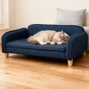 Wooden Pet <b>Bed</b> Rectangle Navy Blue and Light Gray Polyester Fiber Fill <b>Dog</b> Floor <b>Bed</b> Easy to Clean Hand Washable - Product Image 1