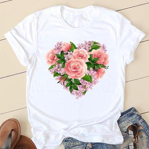 T-shirt décontracté d'été en maille aérée à imprimé rose pour femme – Haut en coton léger et respirant à manches courtes, coupe ajustée et style rétro pour le quotidien - Product Image 2