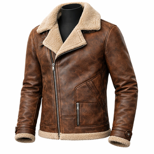Chaqueta de Cuero Genuino Marrón para Hombre con Forro de Sherpa, Cierre de Cremallera, Estilo Motero, Ropa de Invierno - Product Image 3