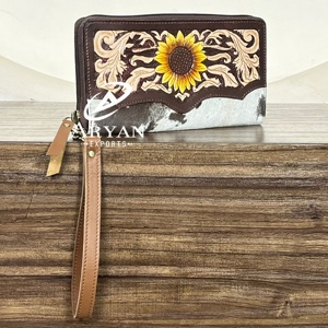 Fashionable OEM ODM Handmade <b>Genuine</b> Cowhide Leather Wallet Wristlet Bohemian Style Sunflower Zipper Clutch for Women's - Product Image 1