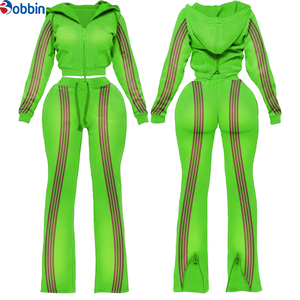 Conjunto de Sudadera con Capucha y Cremallera con Franja Lateral en Contraste y Logotipo Personalizado para Mujer, Pantalones Acampanados, Ropa Deportiva, Conjunto de Sudadera con Capucha, Ropa Urbana - Product Image 5