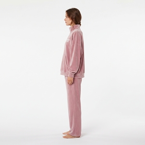 Conjunto Deportivo de Felpa Rosa para Mujer, Sudadera con Cierre de Media Cremallera y Bolsillo, Pantalones Holgados, Ropa de Casa para Invierno, Color Sólido, Estilo Casual - Product Image 4