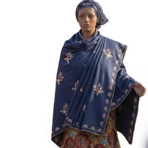 Châle en coton bleu pour femme, broderie florale africaine, strass, léger, respirant, écharpe ethnique, usage quotidien, hijab, élégant - Product Image 1