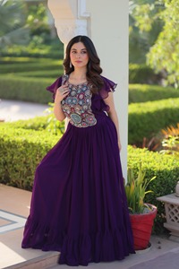 Vestido Maxi Anarkali de Georgette Morado de Moda, Ropa Étnica Tradicional India, Kurti Largo Elegante con Mangas con Volantes y Bordado Intenso - Product Image 5