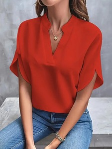 Chemisier élégant à manches courtes pour femmes, col montant, col en V, coupe ample, décontracté, chemise légère et douce à la mode - Product Image 3