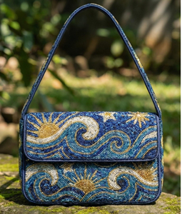 Pochette rectangulaire brodée de perles de verre et de perles de monnaie, faite à la main, avec chaîne amovible, en tissu polyester léger - Product Image 5