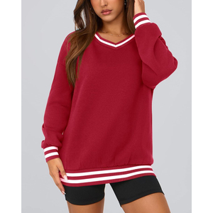 OEM <b>Women's</b> Casual Long Sleeve Stripes Knit <b>V</b> <b>Neck</b> Top Oversized <b>Sweatshirt</b> Made Pure Cotton Fleece Unisex Pullover <b>Sweatshirt</b> - Product Image 3