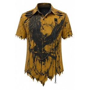 Men's Gothic Short Sleeve Shirt With Owl Print <b>Chain</b> Detail Ripped Hem Casual Style Summer Wear Gothic Shirts - Product Image 2