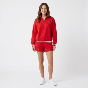 Conjunto de Sudadera con Cierre de Cremallera y Pantalones Cortos Color Granate para Mujer, con Bordado de Copos de Nieve Navideños - Product Image 5