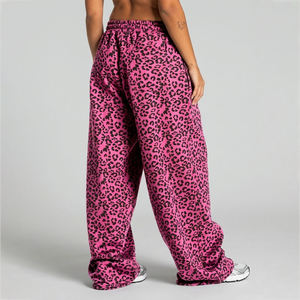 Womens Fashion Pink Leopard Print Contrastline Tracksuit Fleece Hoodie Wide Leg Jogger <b>Set</b> Oversized Casual Streetwear Two Piece - Product Image 5