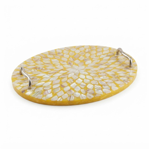Plateau rectangulaire artisanal en bois Taadi et nacre bicolore, plateau de service décoratif en mosaïque pour café - Product Image 5