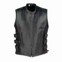 Gilet de motard en cuir véritable pour homme, imperméable, sans manches, avec fermeture éclair sur le devant, sangles réglables et poches latérales