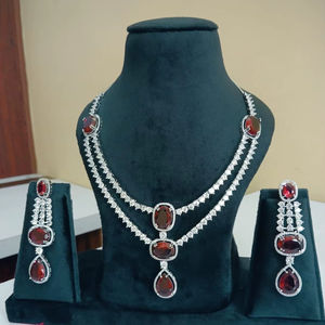 Classic Elegant CZ Diamond-Look Bridal Jewelry Set <b>Silver</b> Plated Red Stone <b>Necklace</b> and Drop Earrings for Wedding & Party - Product Image 1