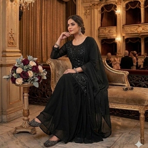 Designer Georgette Kurti with Beads <b>Sequins</b> Embroidery Work Palazzo Set-Modern Ethnic Outfit for Women <b>Party</b> Wear - Product Image 1