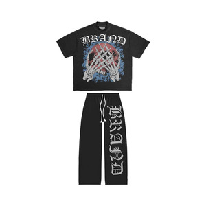 280GSM Cotton Acid Wash <b>Tee</b> Pant Set Blk <b>Graphic</b> Embroidery Custom Logos Casual Streetwear 2 Pieces Sets men's - Product Image 5