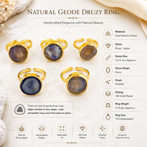 Brass 18k Gold Plated Natural Blue Druzy Agate Gemstone <b>Adjustable</b> <b>Rings</b> Minimalist Statement Unique Style Women Fashion Jewelry - Product Image 1