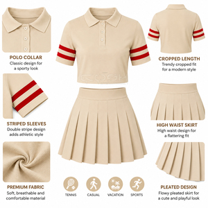 Ensemble 2 pièces style preppy Cosh International Sisterhood Sorority : haut polo court à rayures rouges et jupe plissée, pour le printemps et l'été - Product Image 5