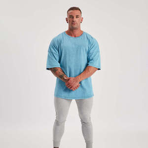 Men's Oversized <b>Light</b> Blue Cotton T-Shirt Short Sleeve O-Neck Casual Jersey Knitted Solid Washed Fit - Product Image 3