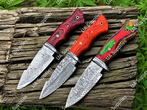 Couteau de camping à lame fixe, pointe tombante, en acier Damas, personnalisable OEM, avec manche en bois Pakka coloré et étui en cuir, directement de l'usine - Product Image 2