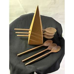 Ensemble de 6 cuillères avec support en bois de manguier et d'acacia, ustensiles de cuisine et de table pratiques et parfaits, couleur noyer, sans danger pour les aliments, avec support - Product Image 4