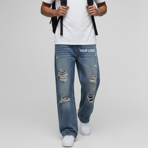กางเกงยีนส์เดนิมทรงขากว้างสำหรับผู้ชาย แต่งขาด ดีไซน์เอวสูง ลุคสตรีทแวร์ ปักลาย ล้างสีแบบดิสเทรส - Product Image 1