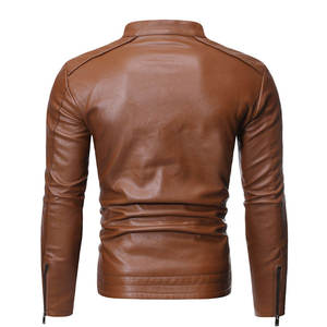 Veste en cuir PU marron pour homme, col montant, fermeture éclair, style motard, coupe ajustée, manteau d'automne - Product Image 4