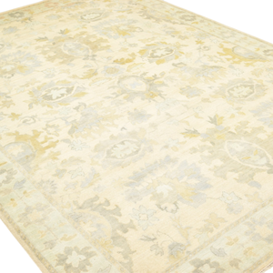 Tapis Oushak en laine noué à la main, crème ivoire or gris, motif floral médaillon, style vintage, poils ras - Product Image 3